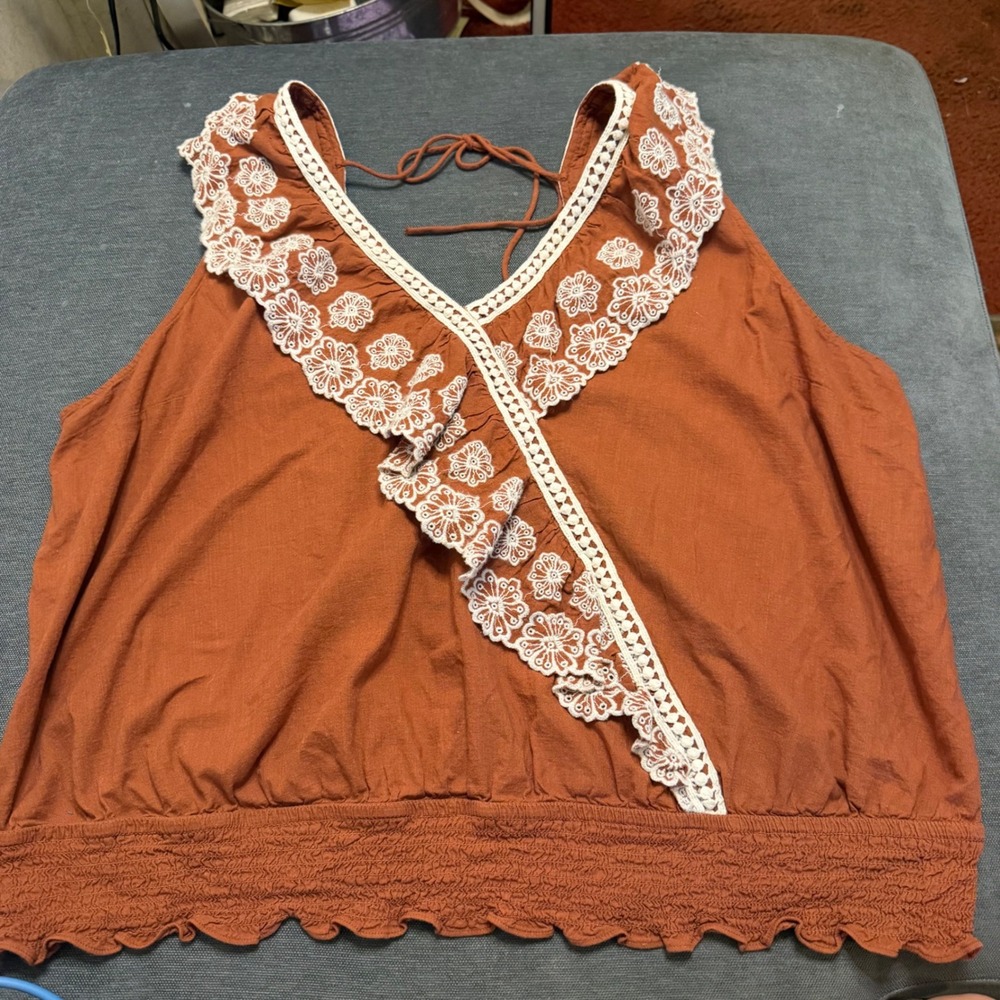 Broadway 38 Rust Terracotta Embroidered Ruffle Smocked Peplum Top 3X SP23W-5405